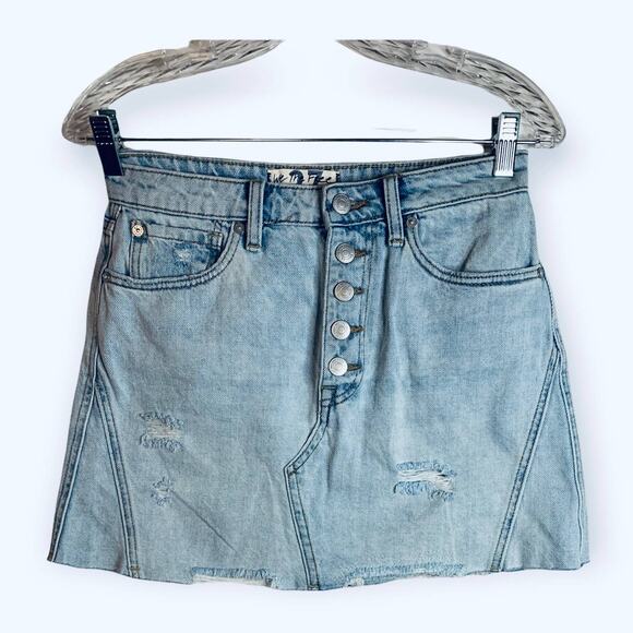 We the Free Denim Mini Skirt Womens Size 27 Distressed Light Wash Button Fly - Picture 1 of 6